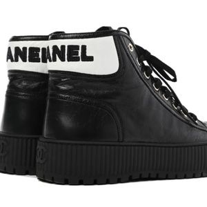 Chanel  Aged Calfskin Lace Up Cap Toe Sneakers 38 Black White Shoes
